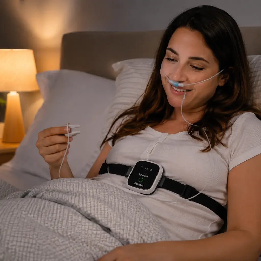 Patiente souriante portant un dispositif léger de polygraphie ventilatoire à domicile, prête à s'endormir pour son examen du sommeil.
