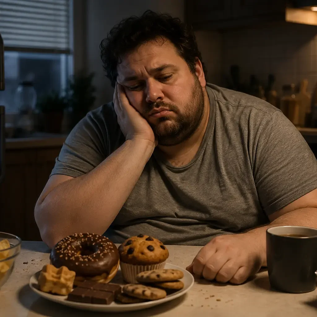 Personne fatiguée assise dans sa cuisine devant une collation sucrée, illustrant le lien entre le manque de sommeil et les envies d'aliments caloriques.