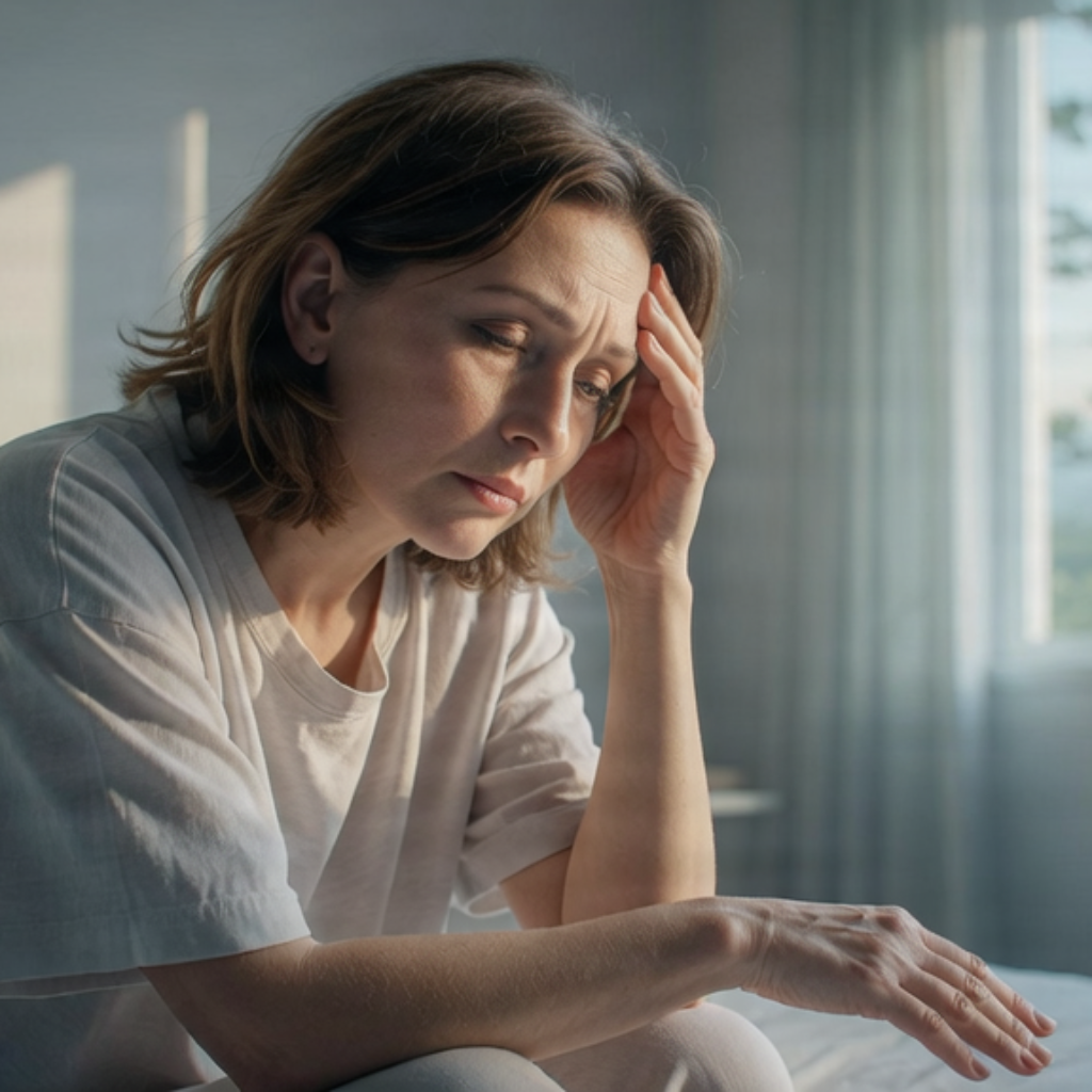 Femme d'âge mûr ressentant de la fatigue et des maux de tête au réveil, illustrant les symptômes de l'apnée du sommeil féminine.