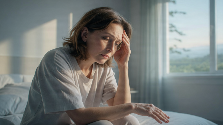 Femme d'âge mûr ressentant de la fatigue et des maux de tête au réveil, illustrant les symptômes de l'apnée du sommeil féminine.